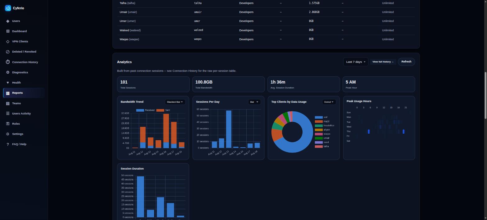 Cyferio analytics: bandwidth trend, sessions per day, top clients, peak usage hours, and session duration charts