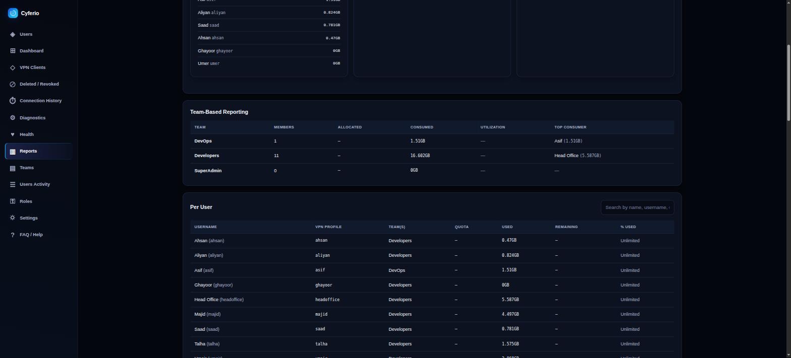 Cyferio per-user report: quota, usage, and team assignment for every portal user