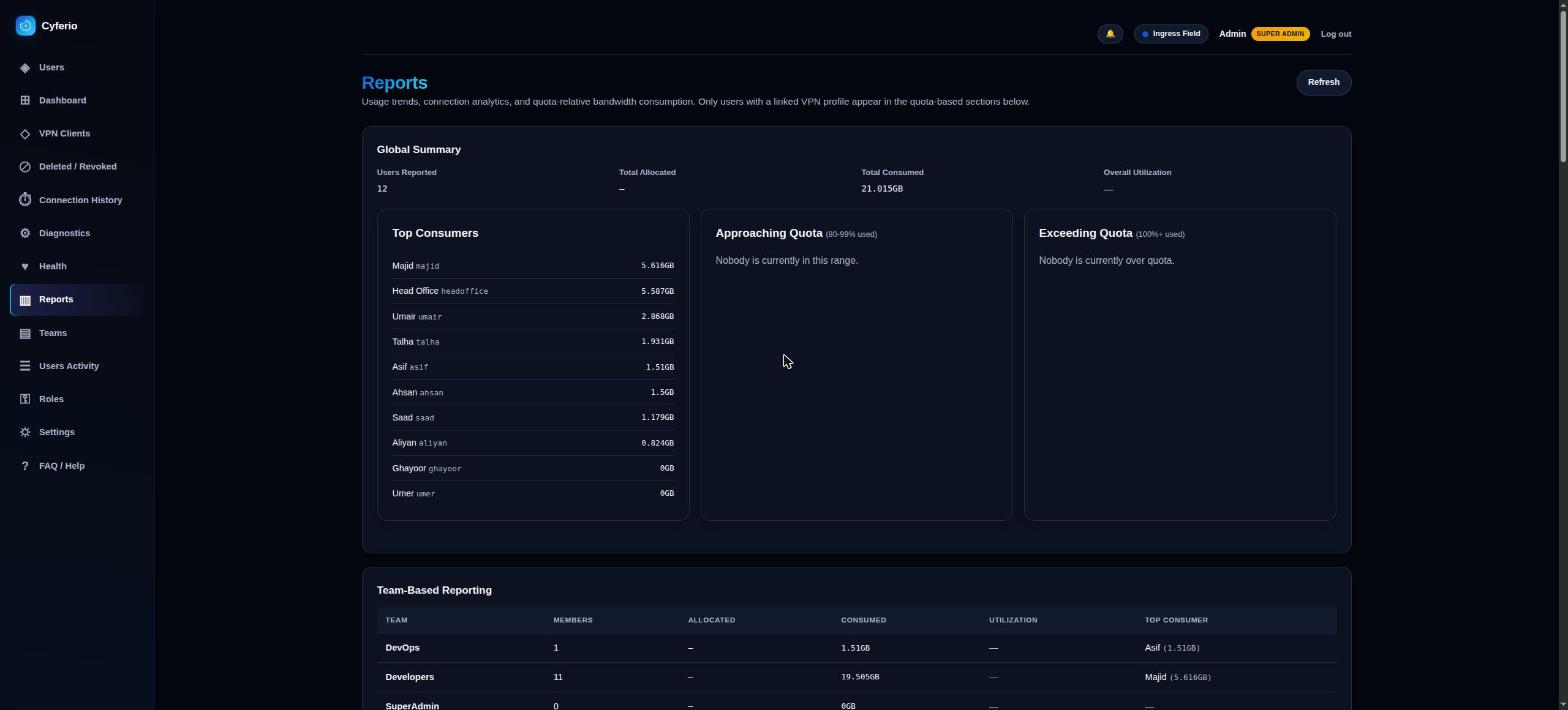 Cyferio reports: global usage summary, top consumers, quota status, and team-based reporting