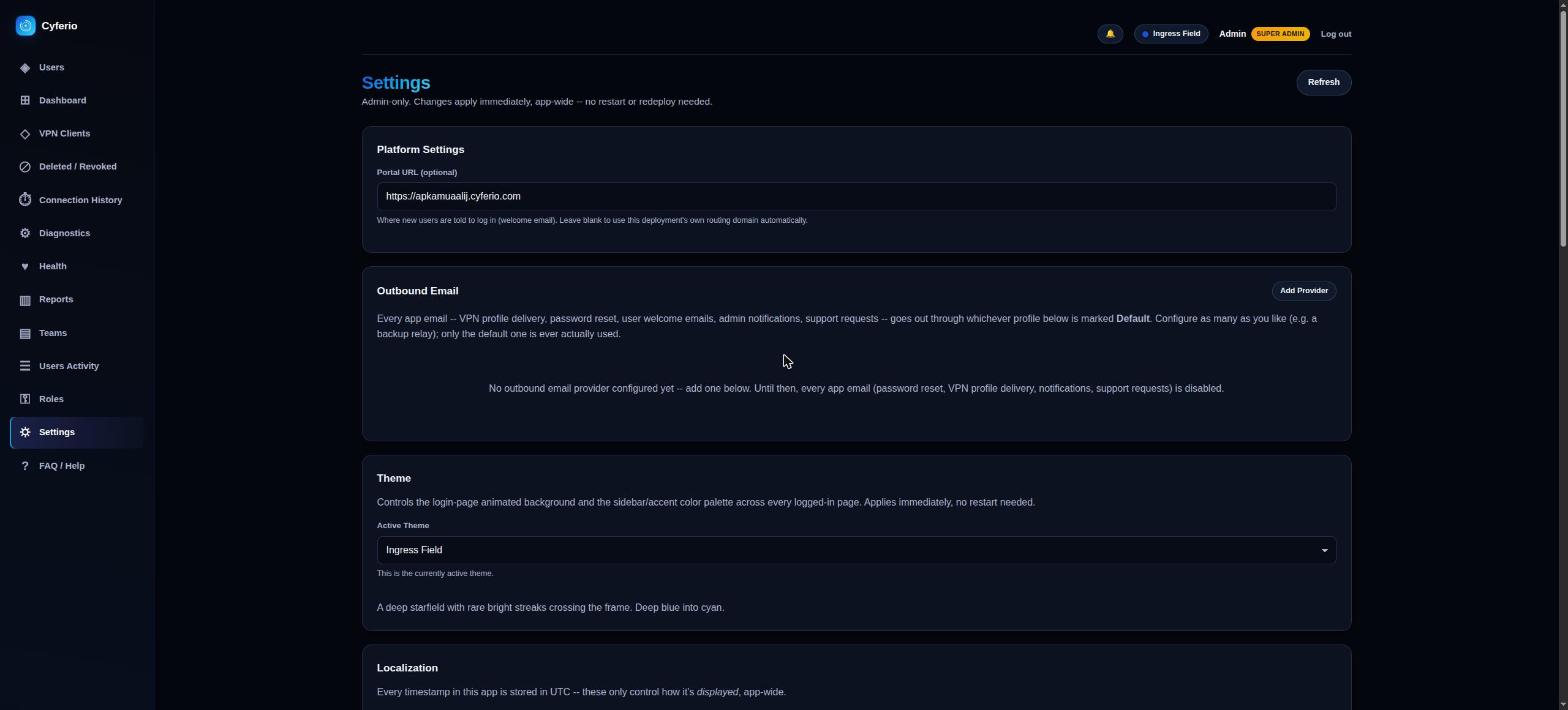 Cyferio platform settings: portal URL, outbound email providers, and theme